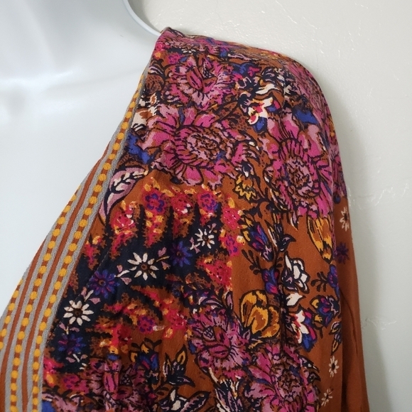 Free People Long Sleeve Cropped Blouse Boho Mustard Navy Orange Floral Fall Top - Picture 3 of 9